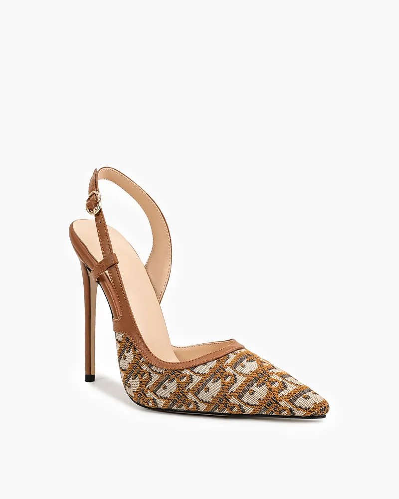 Green Print Pointed Toe Slingback High Heel Pumps