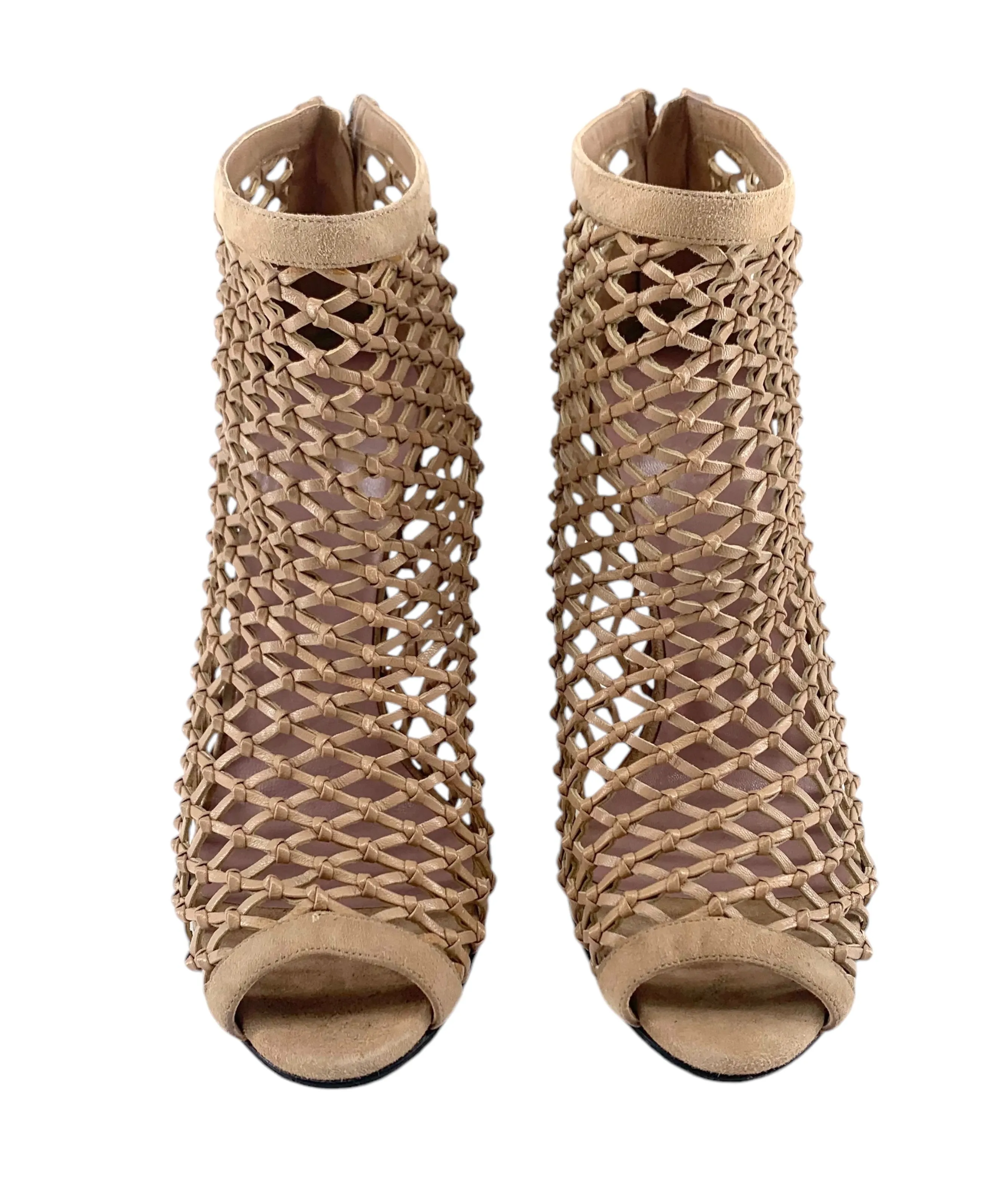 Gucci Beige Eline Leather & Suede Cage Stiletto Booties, New/Old
