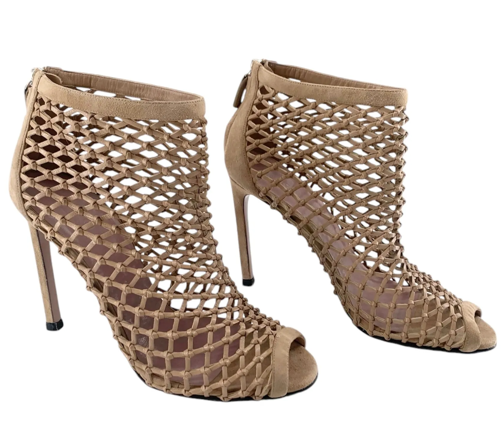 Gucci Beige Eline Leather & Suede Cage Stiletto Booties, New/Old