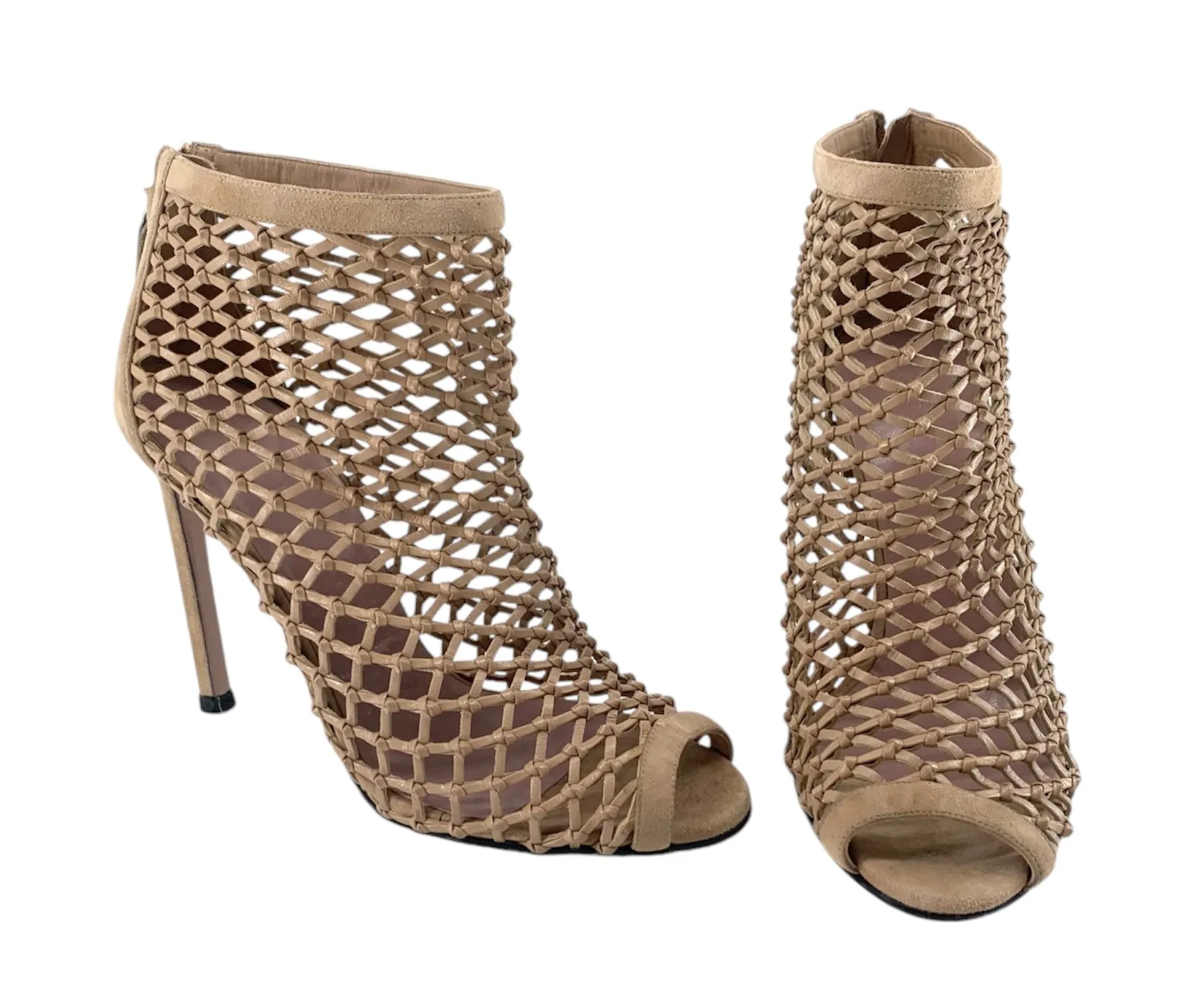Gucci Beige Eline Leather & Suede Cage Stiletto Booties, New/Old