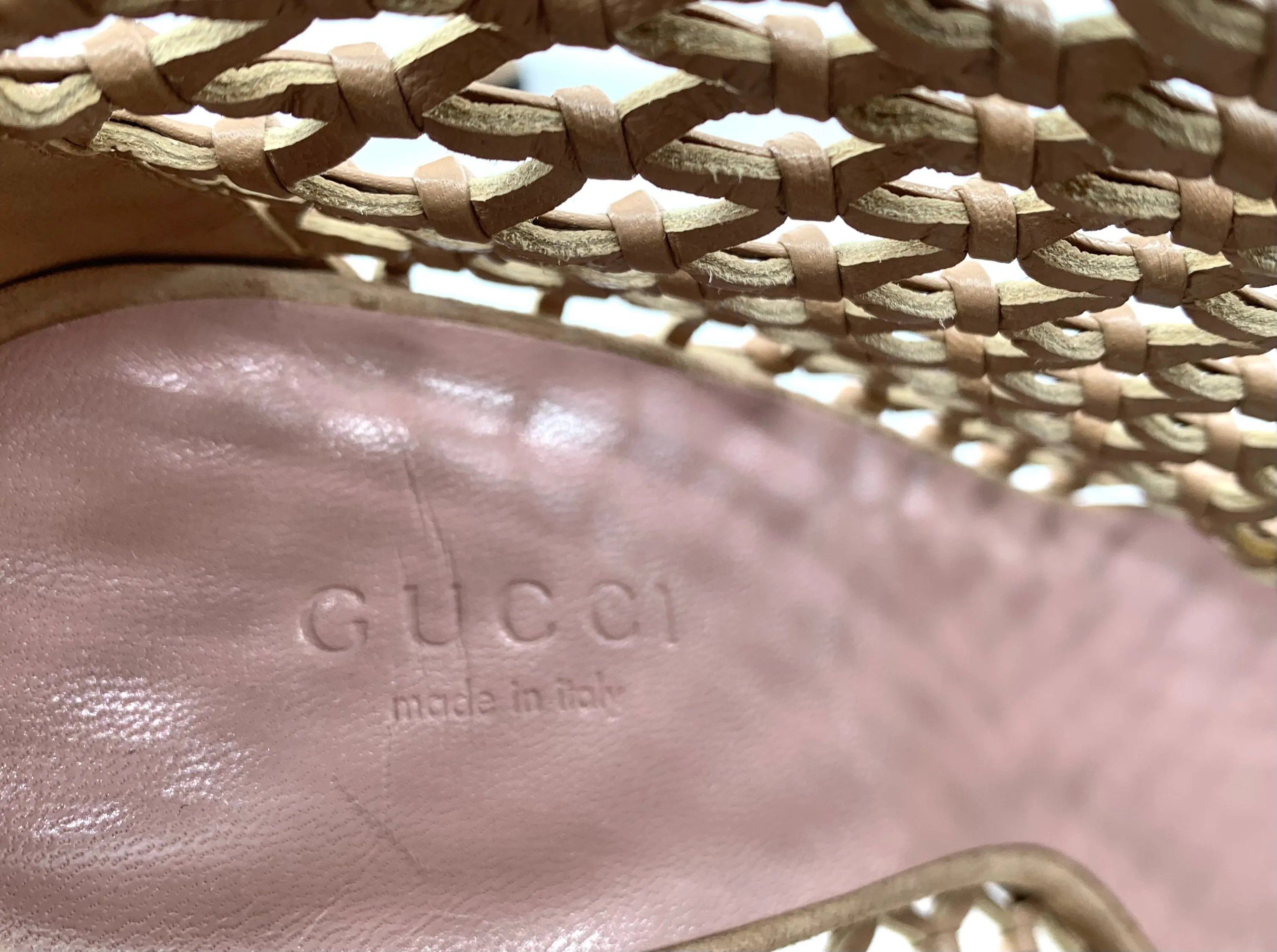Gucci Beige Eline Leather & Suede Cage Stiletto Booties, New/Old