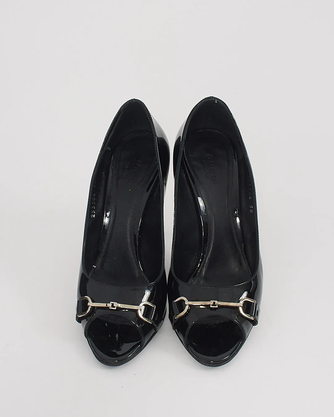 Gucci Black Patent Horsebit Open-Toe Pumps - 38