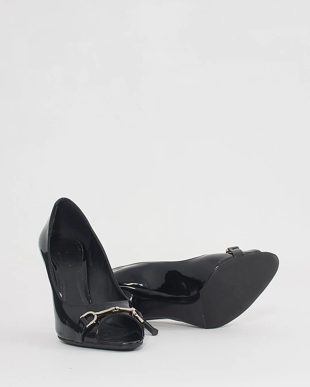 Gucci Black Patent Horsebit Open-Toe Pumps - 38