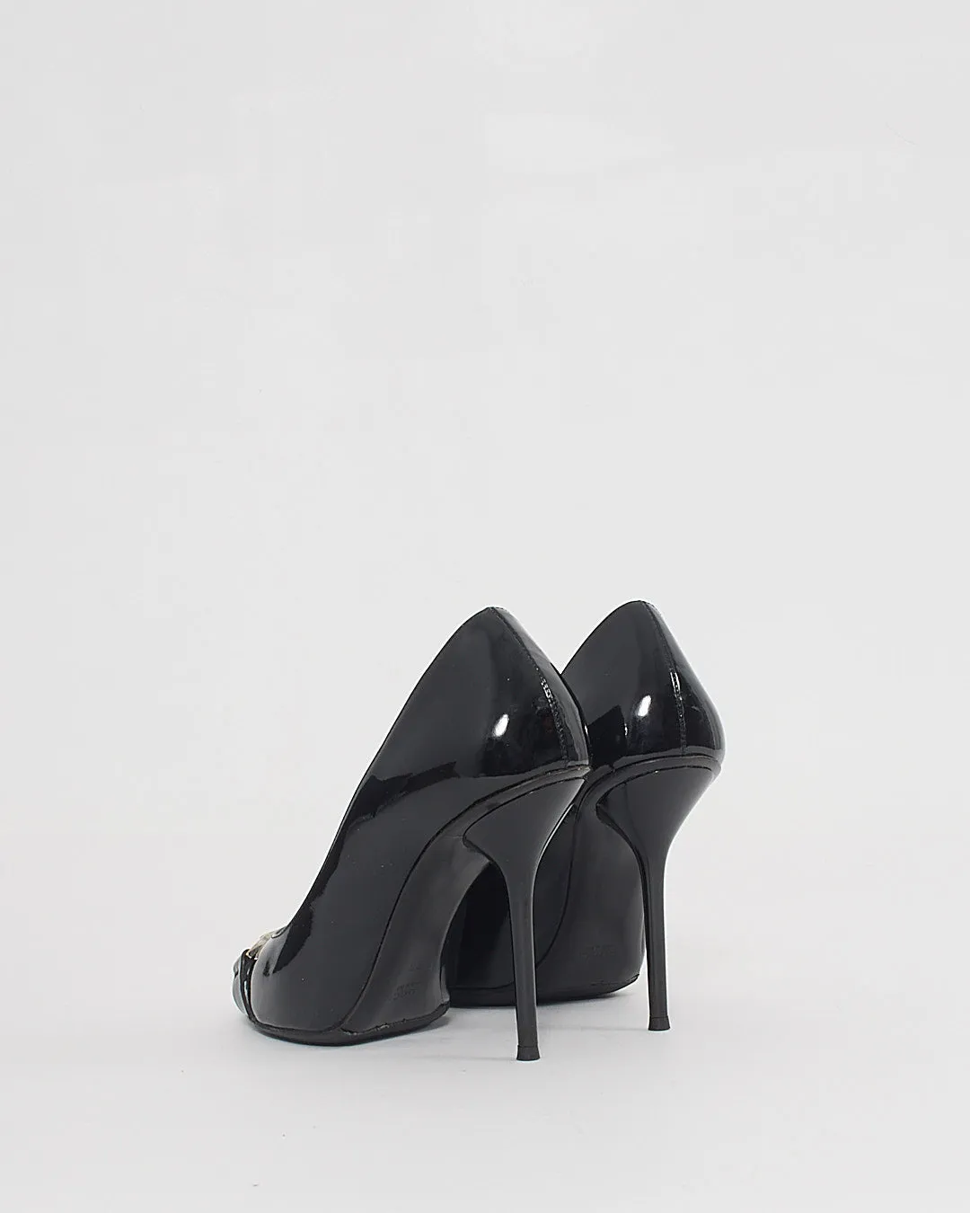 Gucci Black Patent Horsebit Open-Toe Pumps - 38