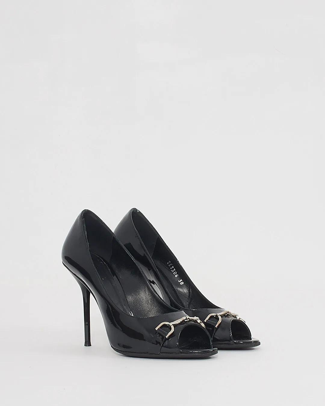 Gucci Black Patent Horsebit Open-Toe Pumps - 38