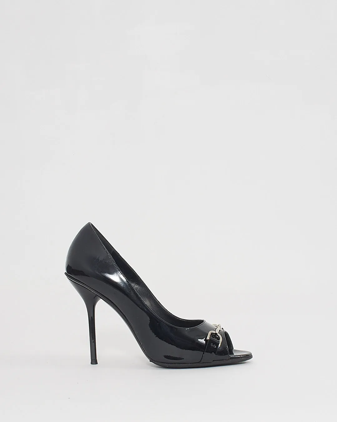 Gucci Black Patent Horsebit Open-Toe Pumps - 38