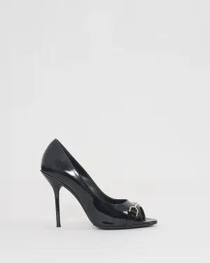 Gucci Black Patent Horsebit Open-Toe Pumps - 38