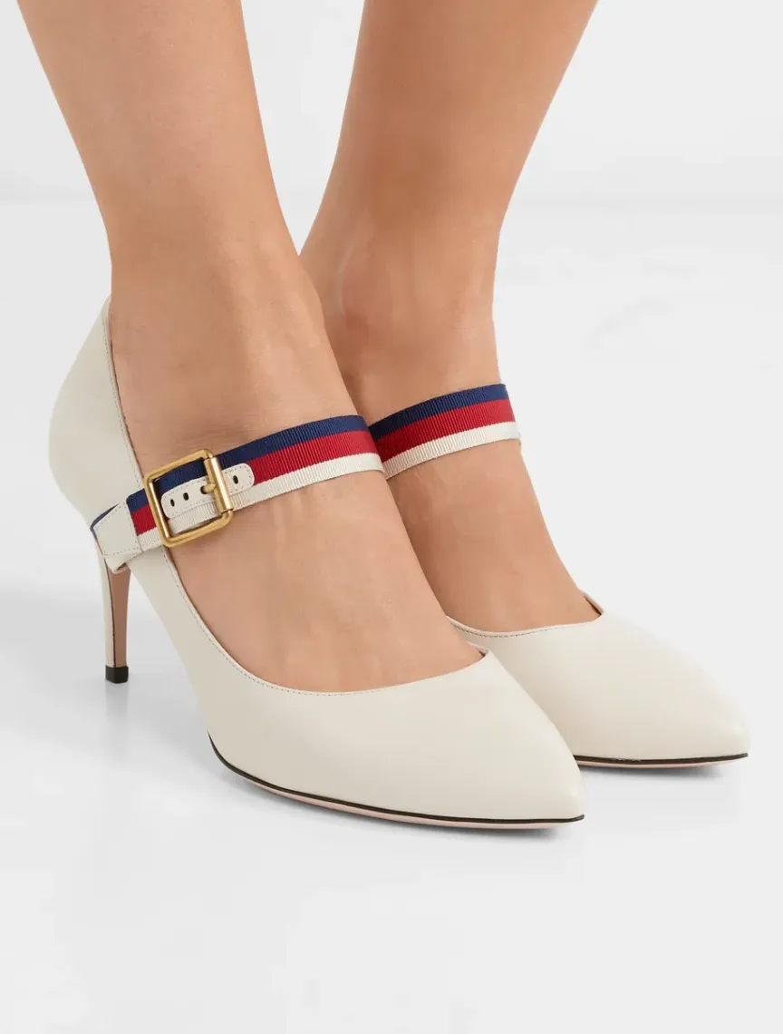 Gucci Sylvie Grosgrain-trimmed Leather Pumps in White