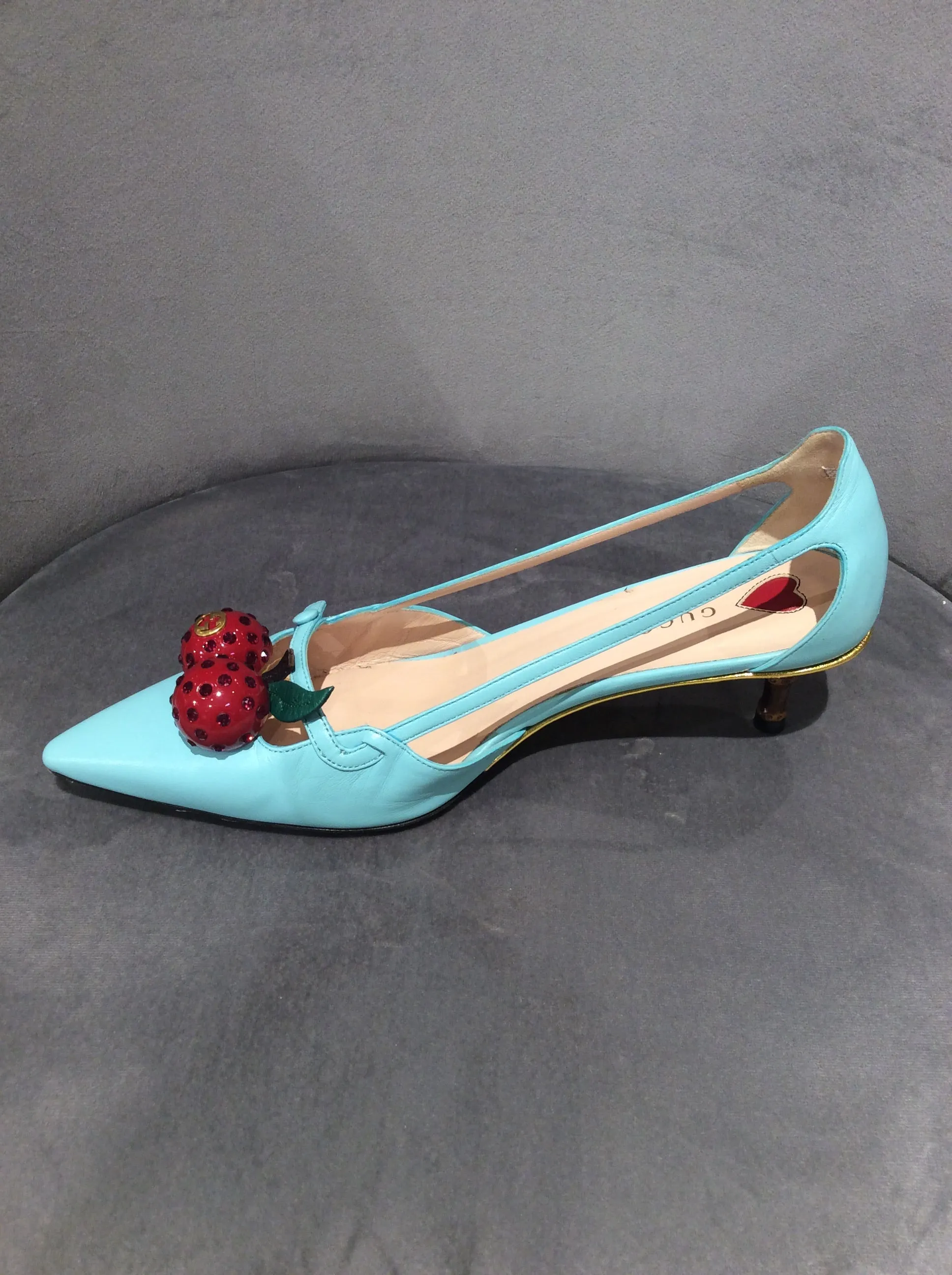 Gucci Unia Cherry Leather Pump in Blue, Size 9.5/39.5