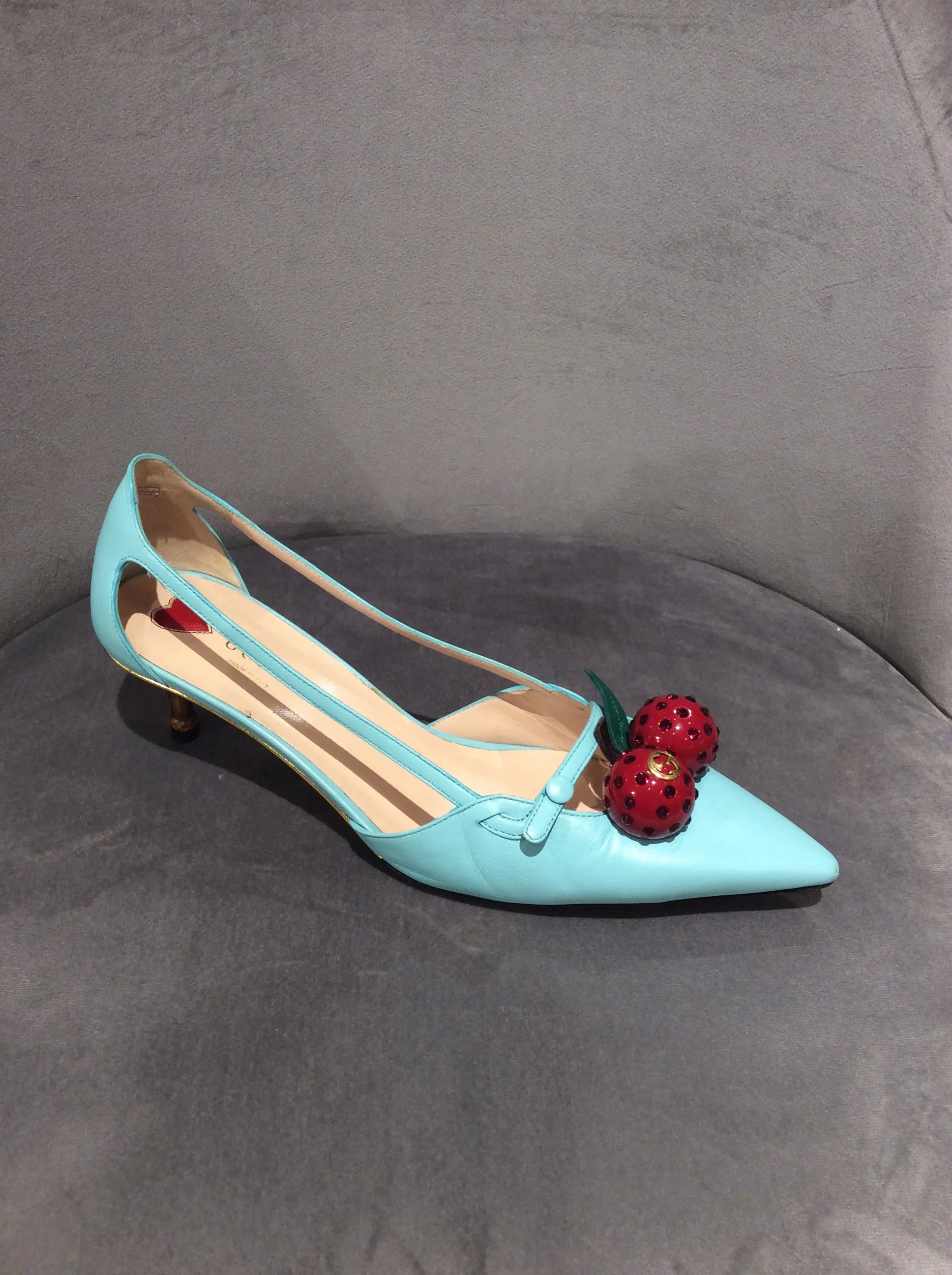 Gucci Unia Cherry Leather Pump in Blue, Size 9.5/39.5