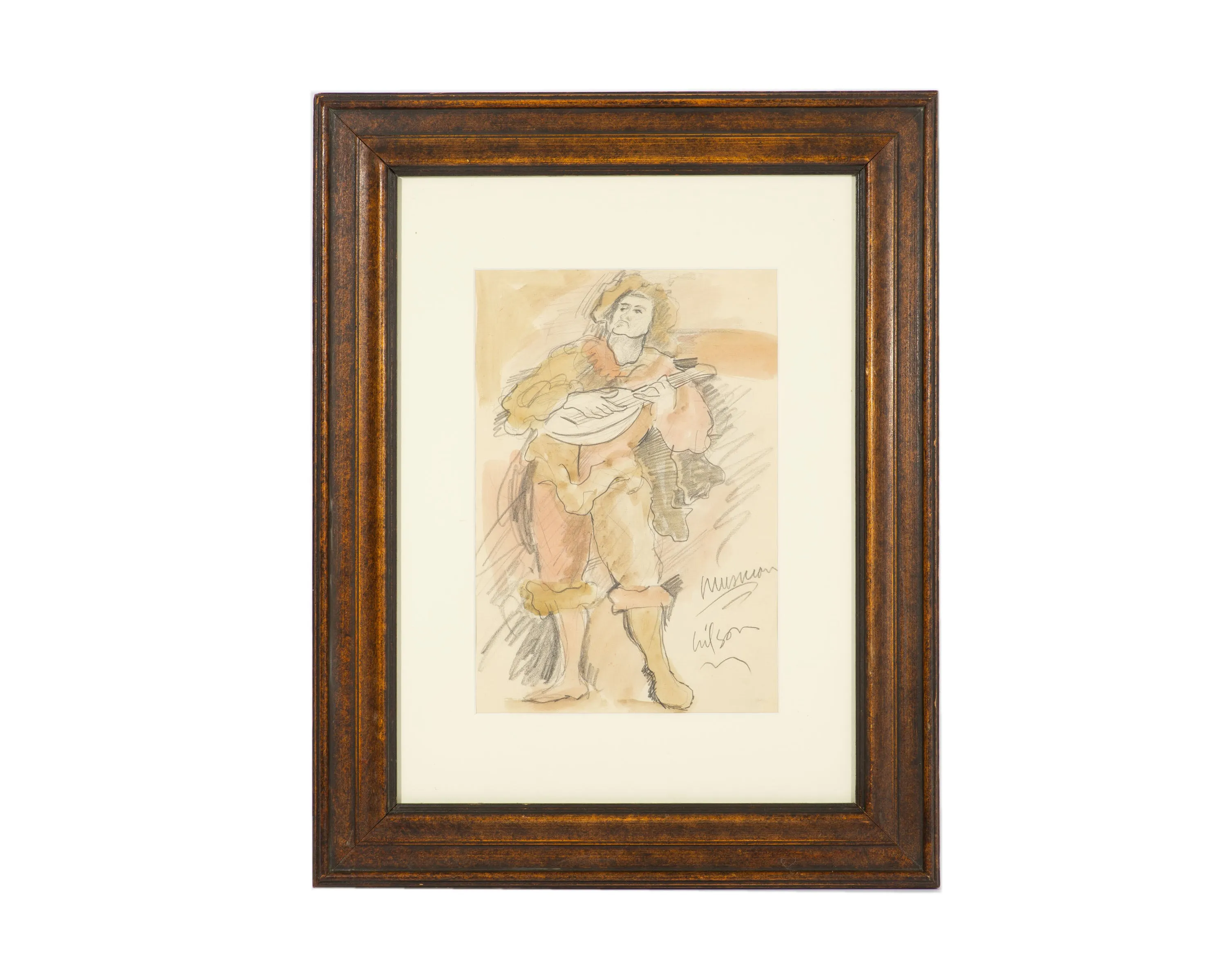 Harry Hilson Signed “Musician” Graphite and Watercolor Drawing