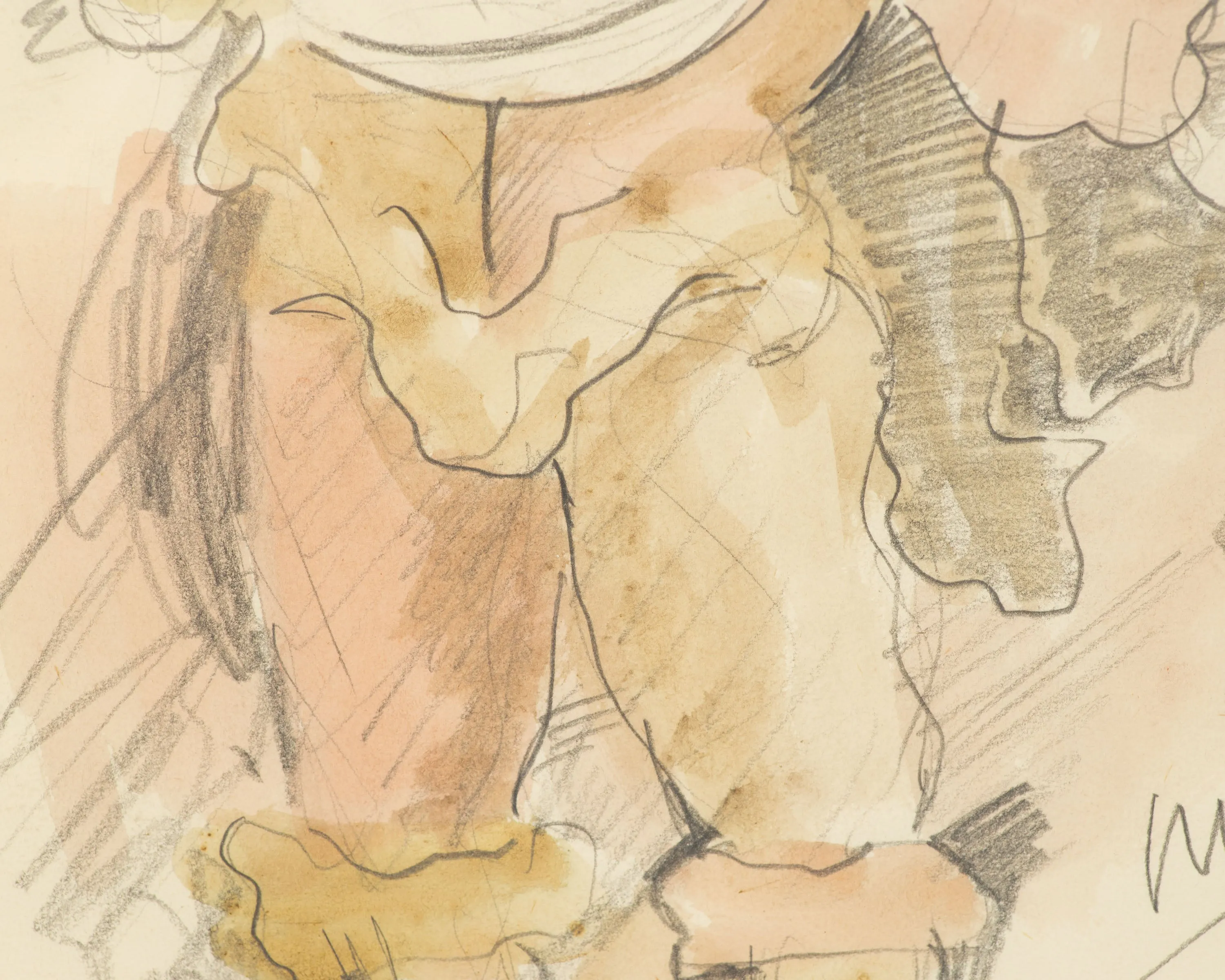 Harry Hilson Signed “Musician” Graphite and Watercolor Drawing