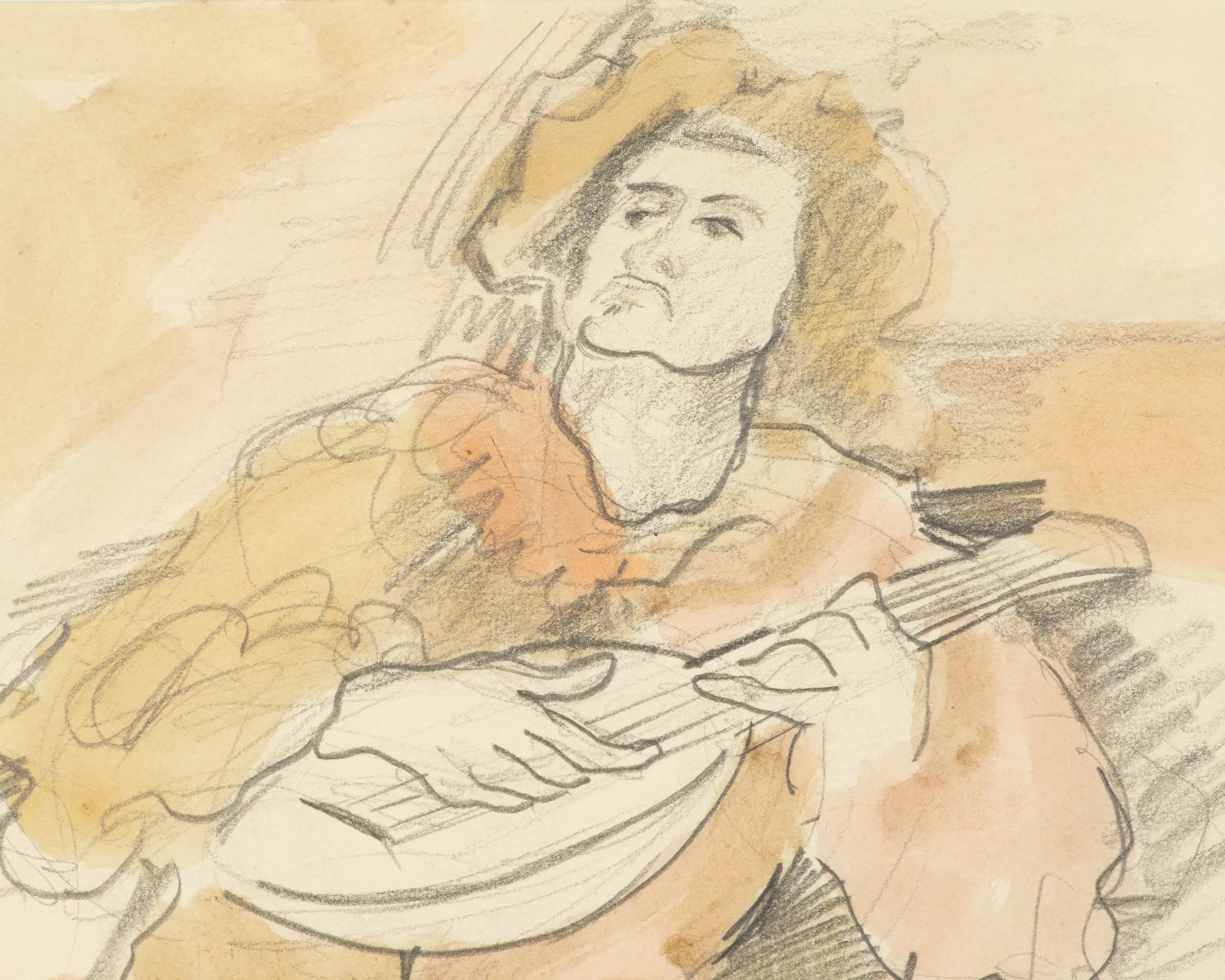 Harry Hilson Signed “Musician” Graphite and Watercolor Drawing