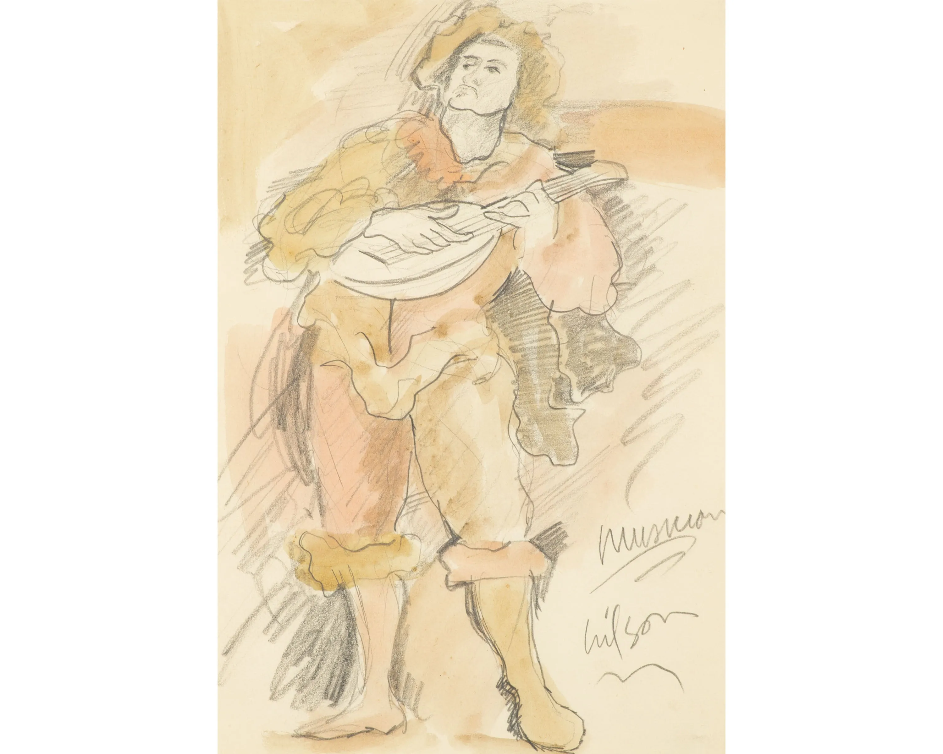 Harry Hilson Signed “Musician” Graphite and Watercolor Drawing