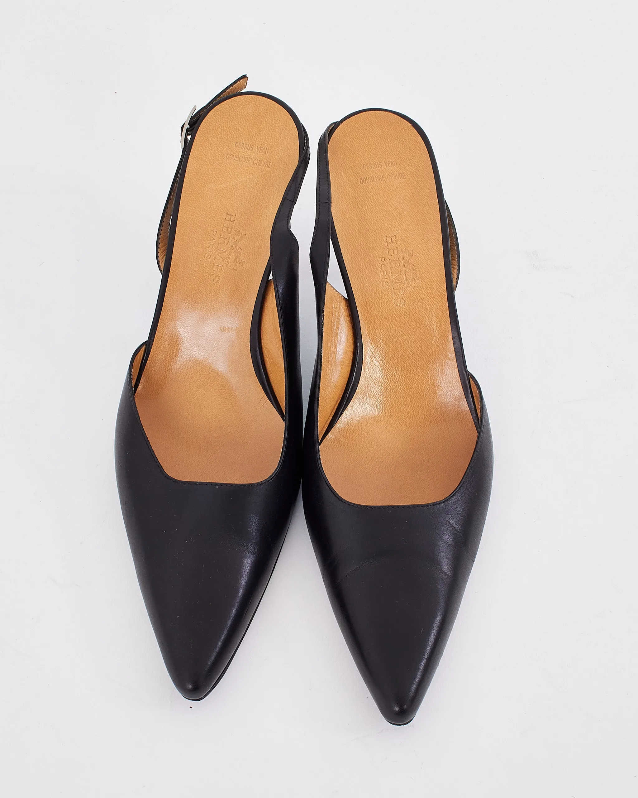 Hermès Black Leather Pointed Toe Sling Back Pumps - 38