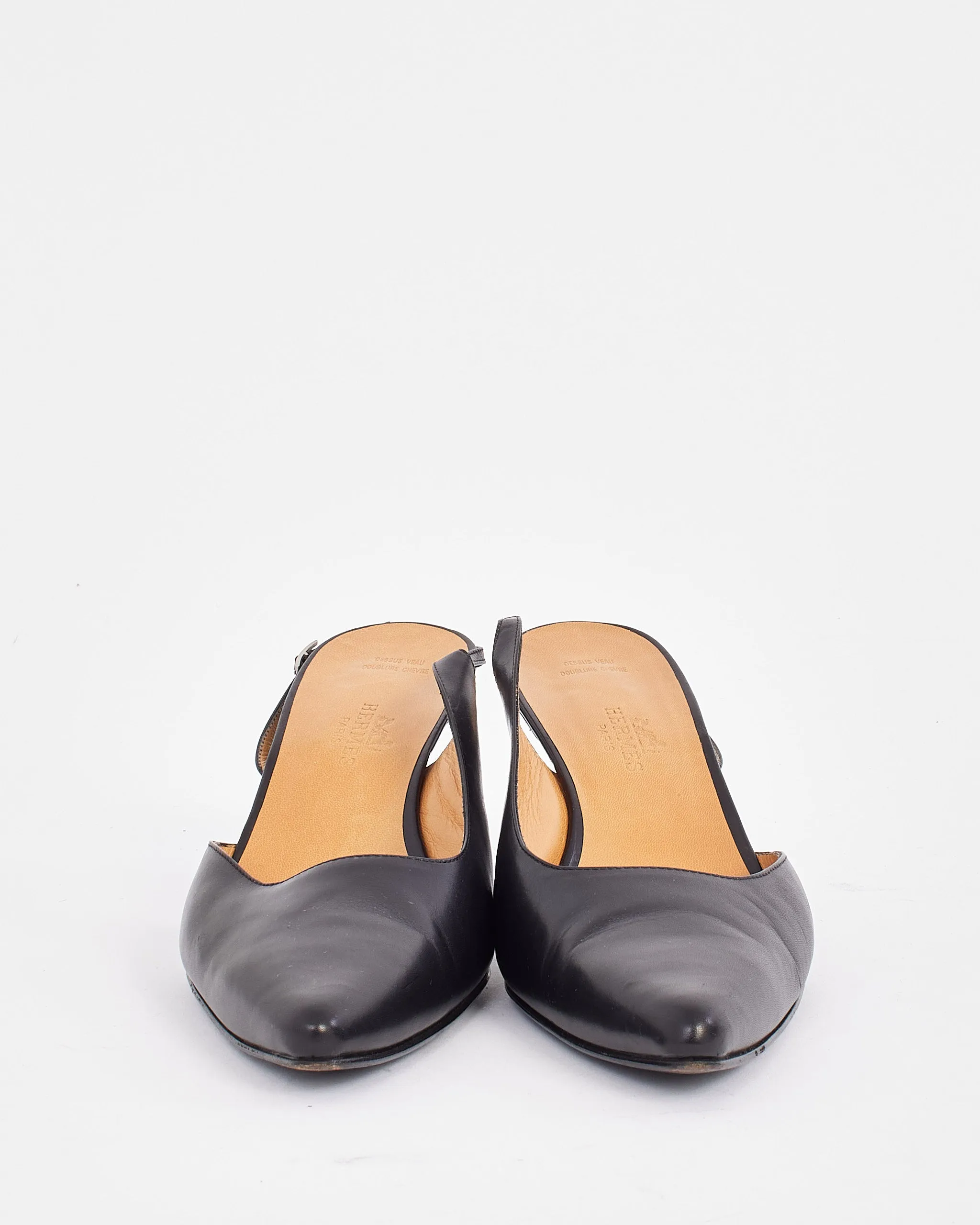 Hermès Black Leather Pointed Toe Sling Back Pumps - 38