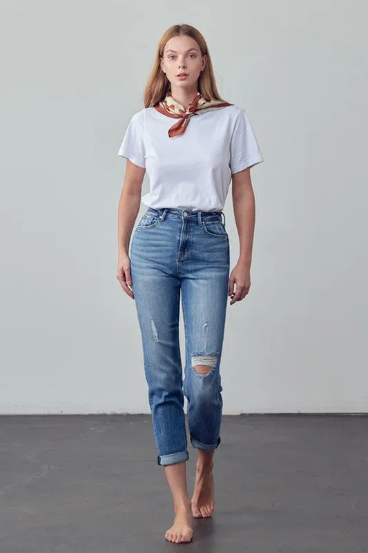 High Rise Ripped Girlfriend Jeans