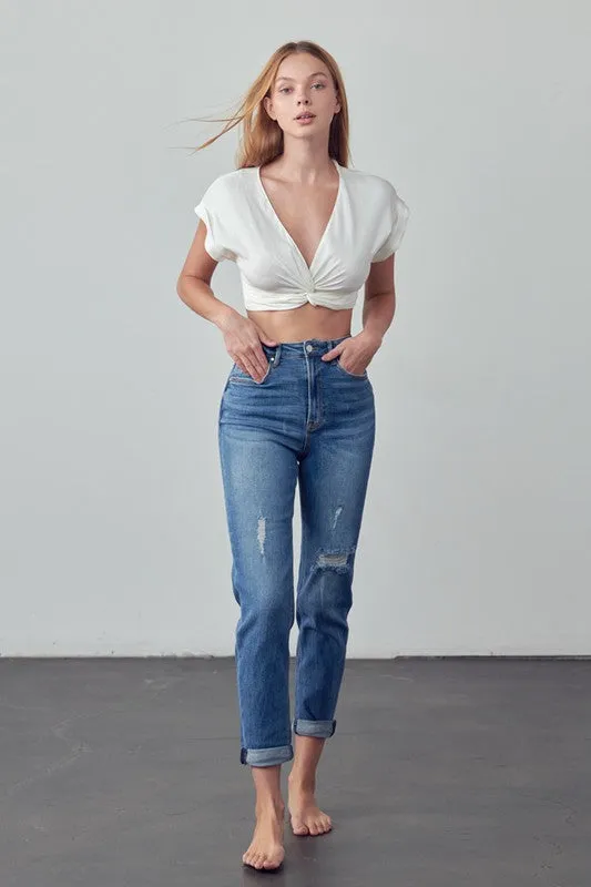 High Rise Ripped Girlfriend Jeans