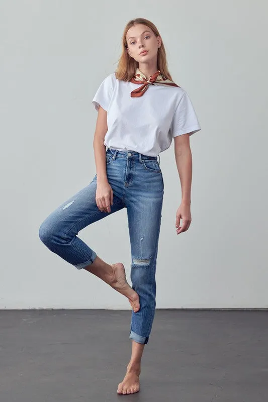 High Rise Ripped Girlfriend Jeans