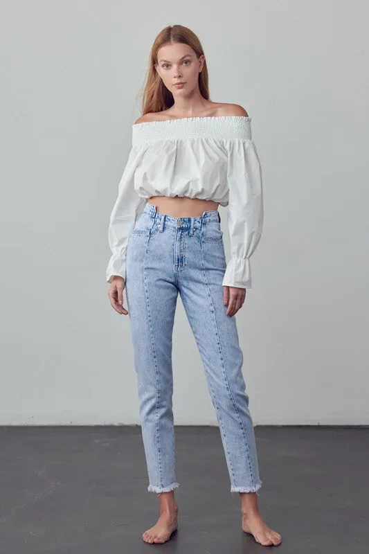 High Waist Frayed Tapered Jeans