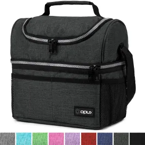 Insulated Dual Compartment Lunch Bag for Men, Women | Double Deck Reusable Lunch Box Cooler with Shoulder Strap, Leakproof Liner | Medium Lunch Pail for School, Work, Office (Charcoal)