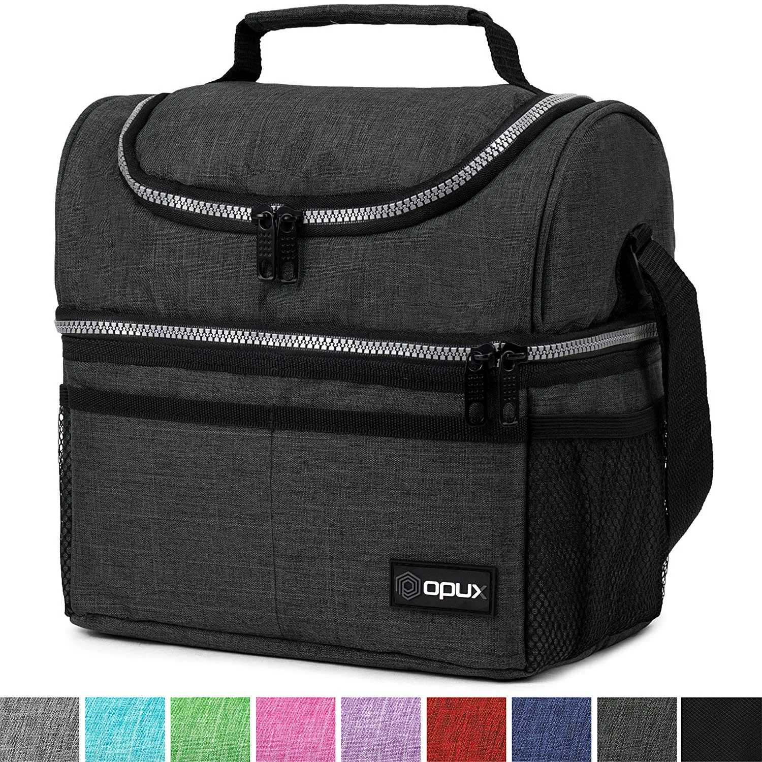 Insulated Dual Compartment Lunch Bag for Men, Women | Double Deck Reusable Lunch Box Cooler with Shoulder Strap, Leakproof Liner | Medium Lunch Pail for School, Work, Office (Charcoal)