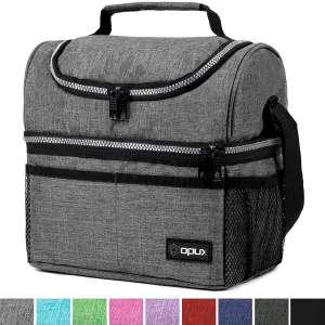Insulated Dual Compartment Lunch Bag for Men, Women | Double Deck Reusable Lunch Box Cooler with Shoulder Strap, Leakproof Liner | Medium Lunch Pail for School, Work, Office (Heather Gray)