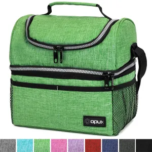 Insulated Dual Compartment Lunch Bag for Men, Women | Double Deck Reusable Lunch Box Cooler with Shoulder Strap, Leakproof Liner | Medium Lunch Pail for School, Work, Office (Heather Green)