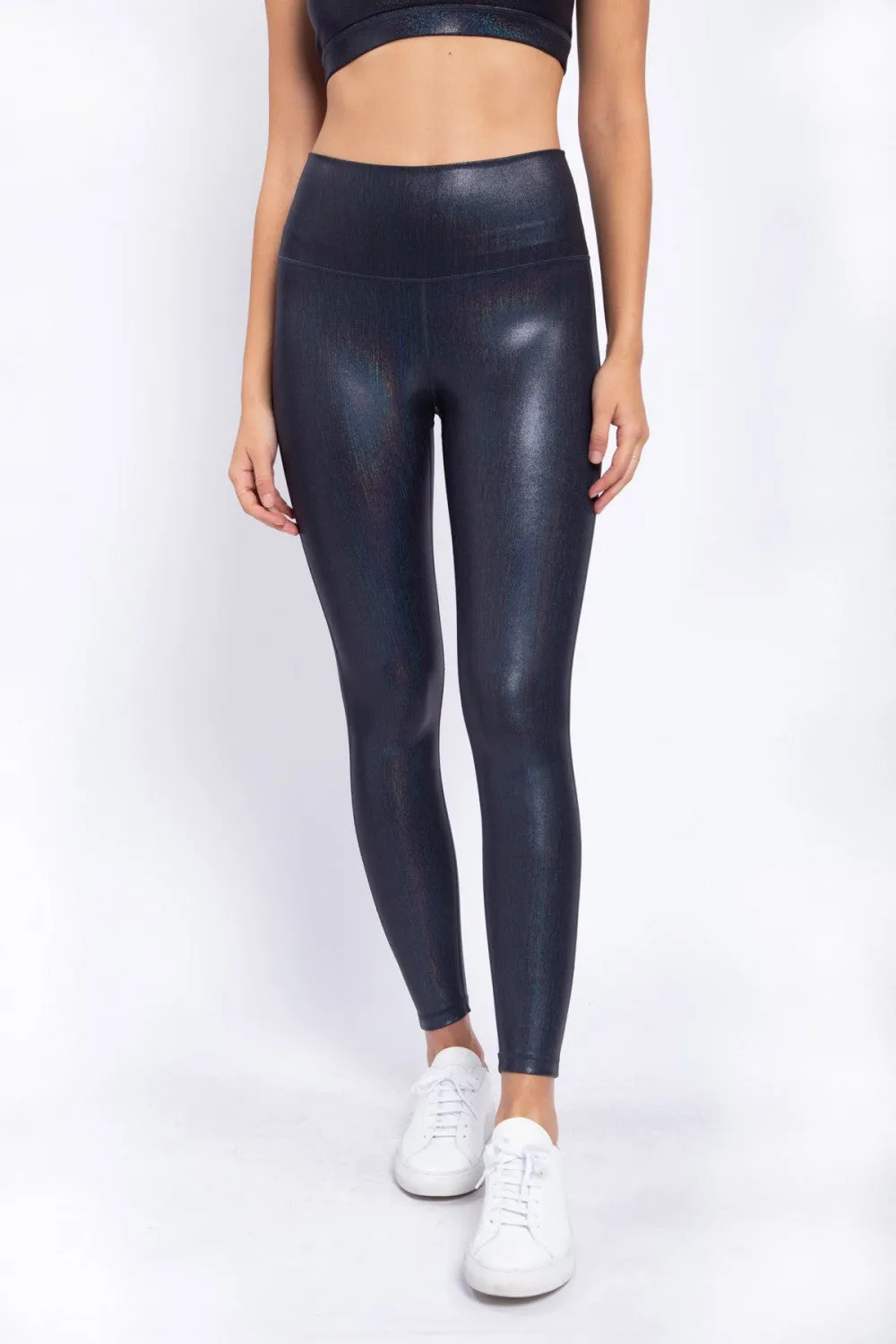 Iridescent Holo Foil High-Waisted Leggings - Black