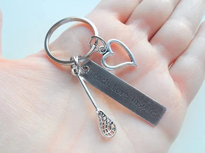 Lacrosse Coach Keychain, Lacrosse Stick Charm, Heart Charm, & Engraved Tag "Teach. Love. Inspire.", Lacrosse Coach Appreciation Keychain