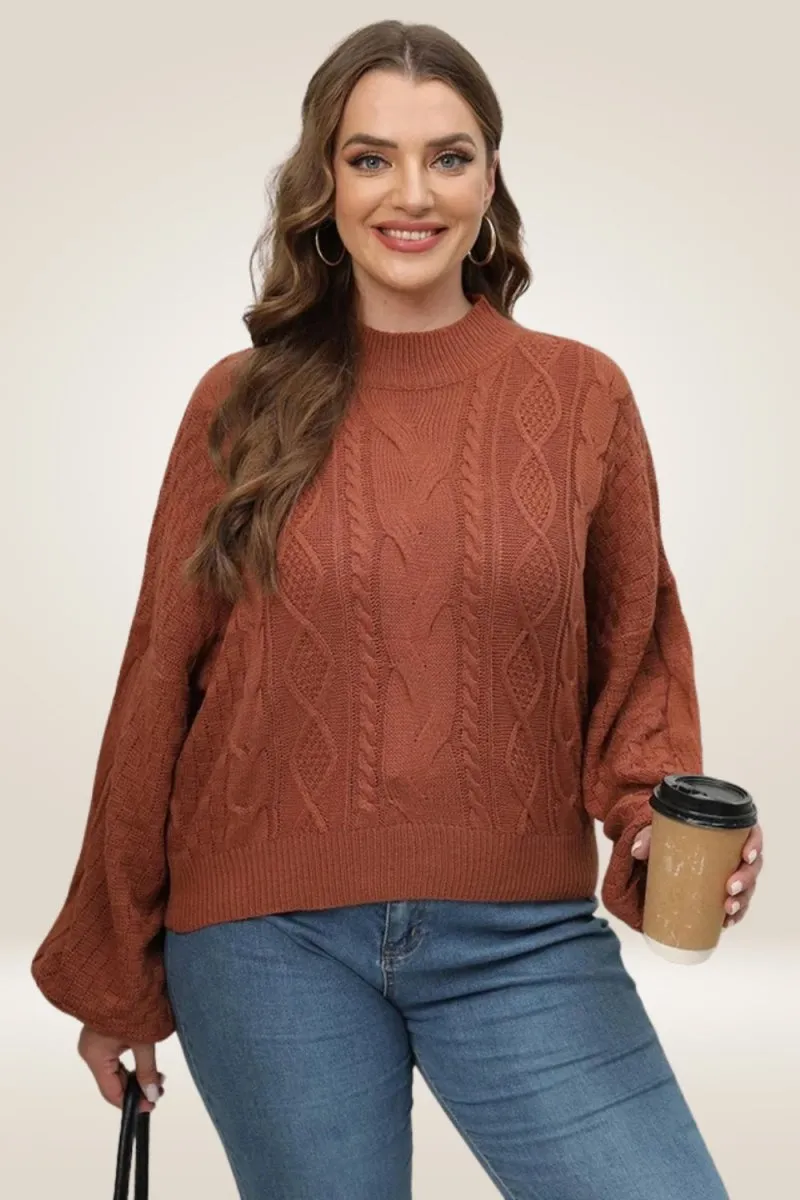 Lantern Long Sleeve Knitted Brown Plus Size Sweater