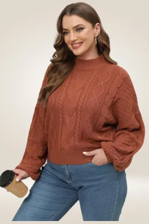 Lantern Long Sleeve Knitted Brown Plus Size Sweater