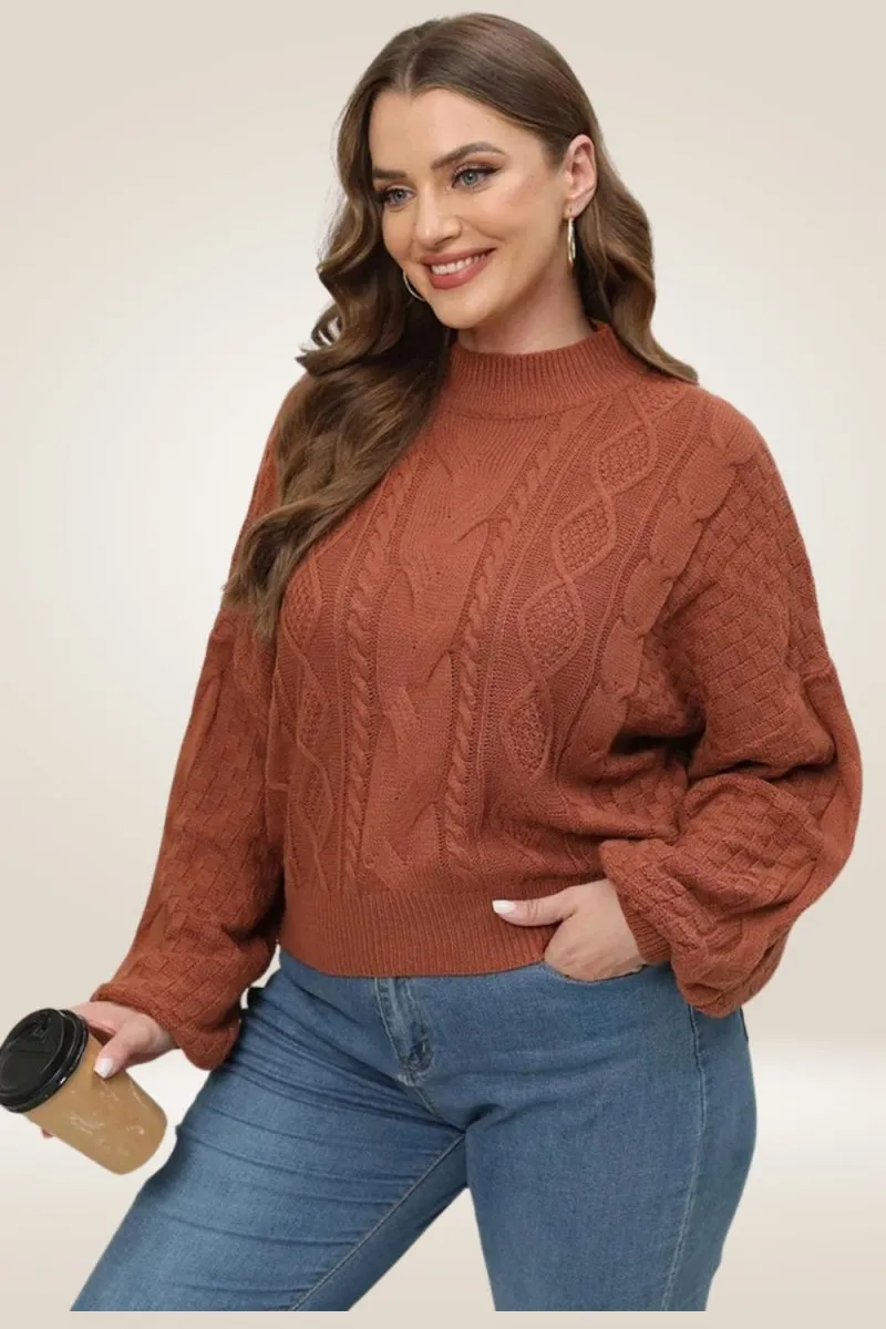 Lantern Long Sleeve Knitted Brown Plus Size Sweater