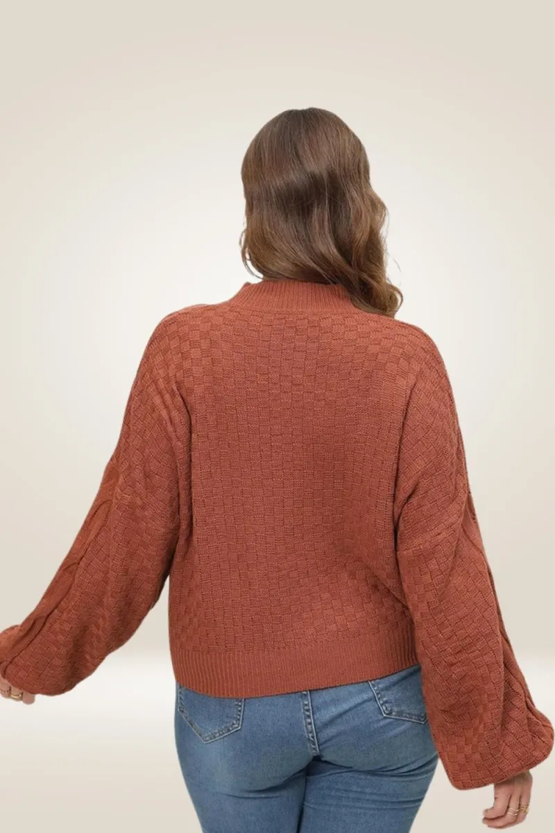 Lantern Long Sleeve Knitted Brown Plus Size Sweater