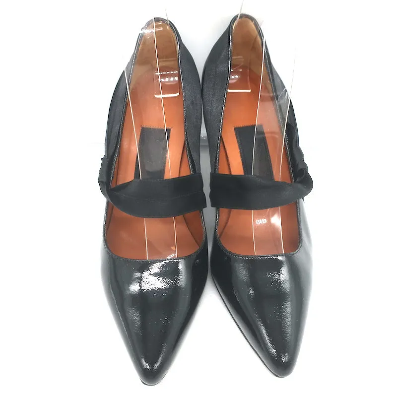 Lanvin Mary Jane Pumps Black Patent Leather Size 37.5 Pointed Toe Heels