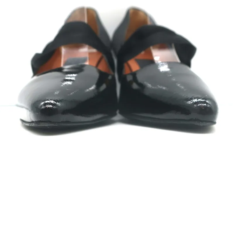 Lanvin Mary Jane Pumps Black Patent Leather Size 37.5 Pointed Toe Heels