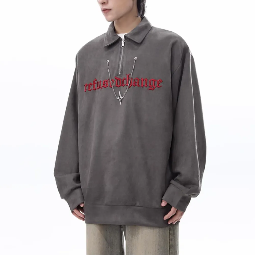 Letter Embroidered Suede Sweatshirt