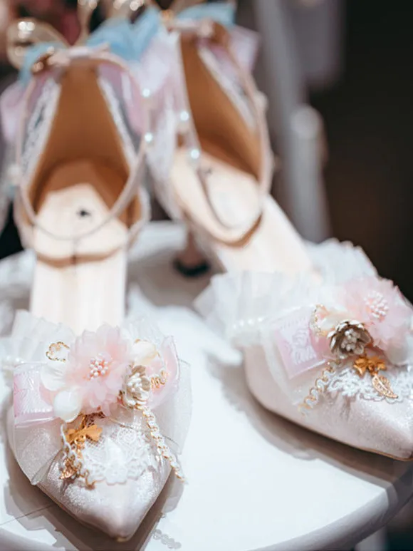 Lolita Wedding Dress Lolita Footwear Pink Flowers Lace Ruffles Pointed Toe Satin Lolita Pumps
