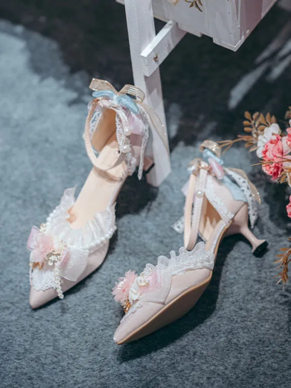 Lolita Wedding Dress Lolita Footwear Pink Flowers Lace Ruffles Pointed Toe Satin Lolita Pumps