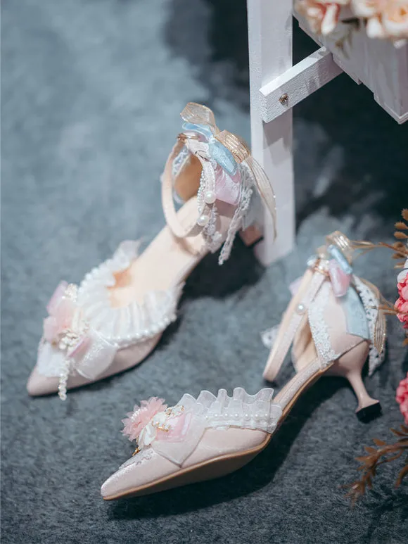 Lolita Wedding Dress Lolita Footwear Pink Flowers Lace Ruffles Pointed Toe Satin Lolita Pumps