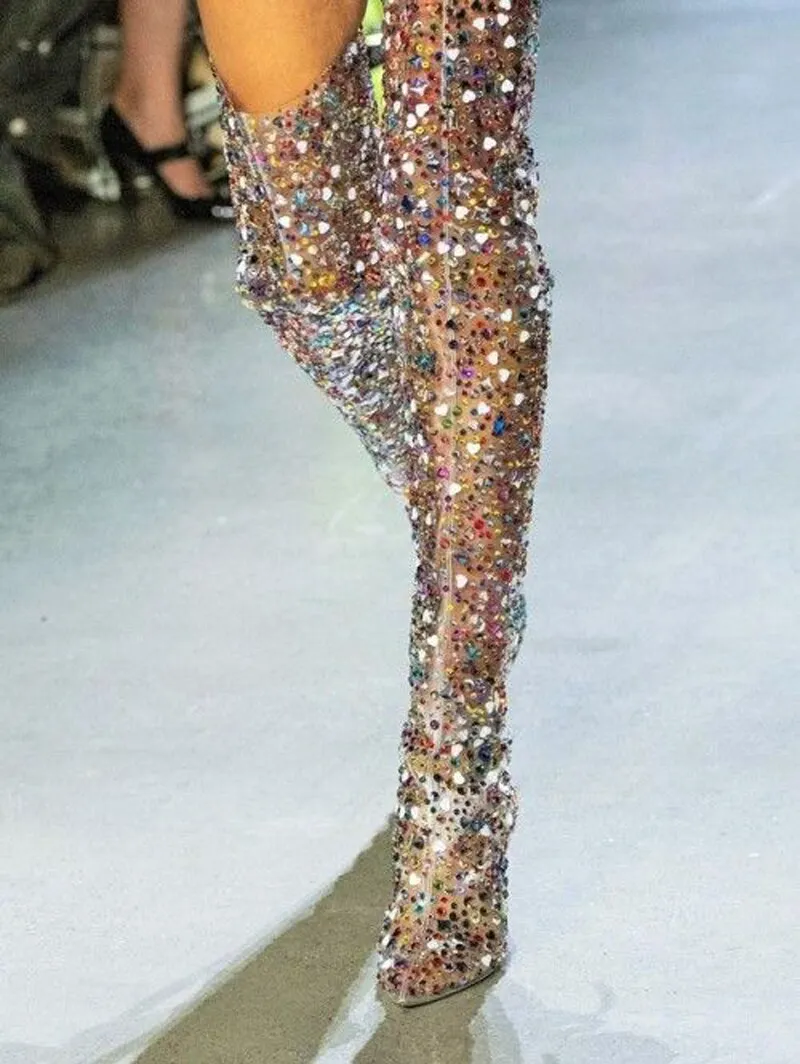 Luxury Clear Colorful Rhinestone Studded Thigh High Boots