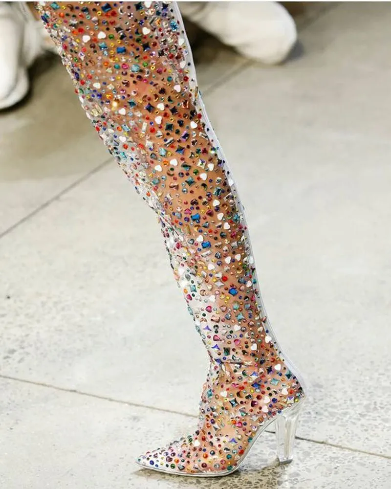 Luxury Clear Colorful Rhinestone Studded Thigh High Boots