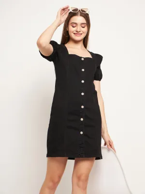 Madame Button Down Solid Black Mini Denim Dress