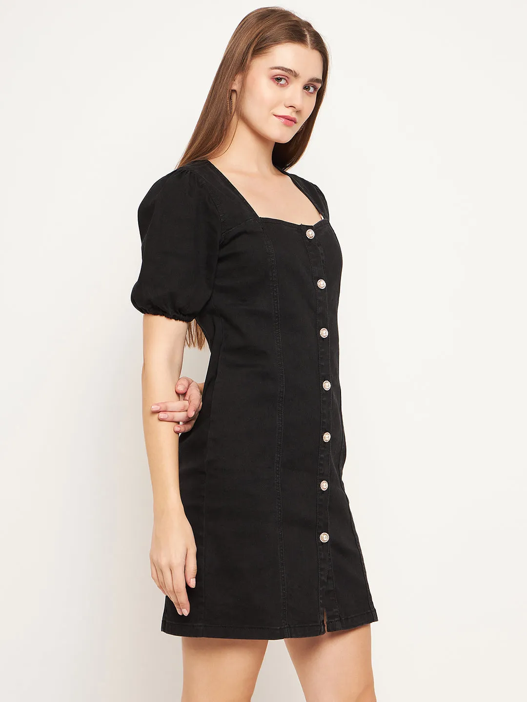 Madame Button Down Solid Black Mini Denim Dress
