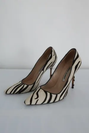 Manolo Blahnik BB Zebra Print Pony Hair Pumps Ivory Size 36.5 Pointed Toe Heel