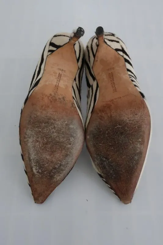 Manolo Blahnik BB Zebra Print Pony Hair Pumps Ivory Size 36.5 Pointed Toe Heel