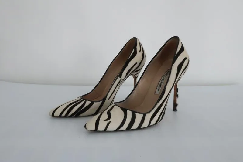 Manolo Blahnik BB Zebra Print Pony Hair Pumps Ivory Size 36.5 Pointed Toe Heel