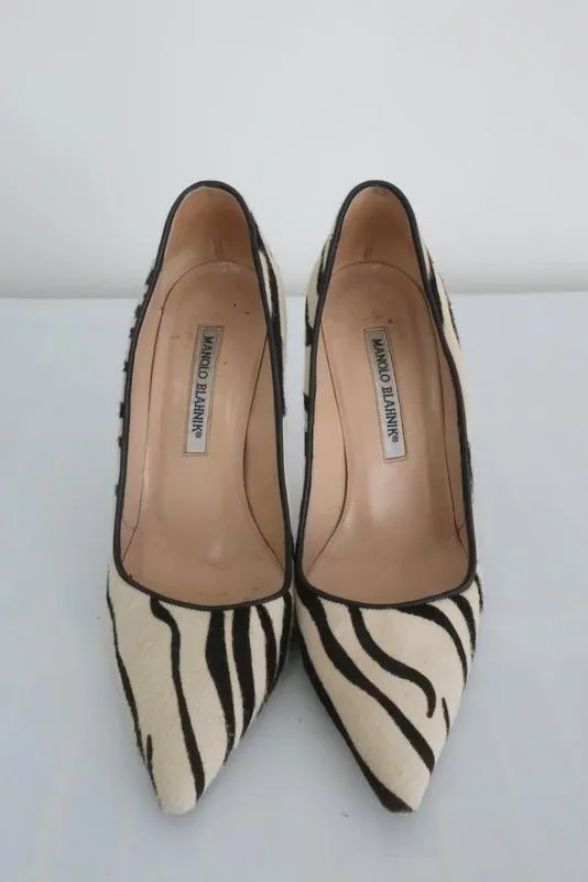 Manolo Blahnik BB Zebra Print Pony Hair Pumps Ivory Size 36.5 Pointed Toe Heel