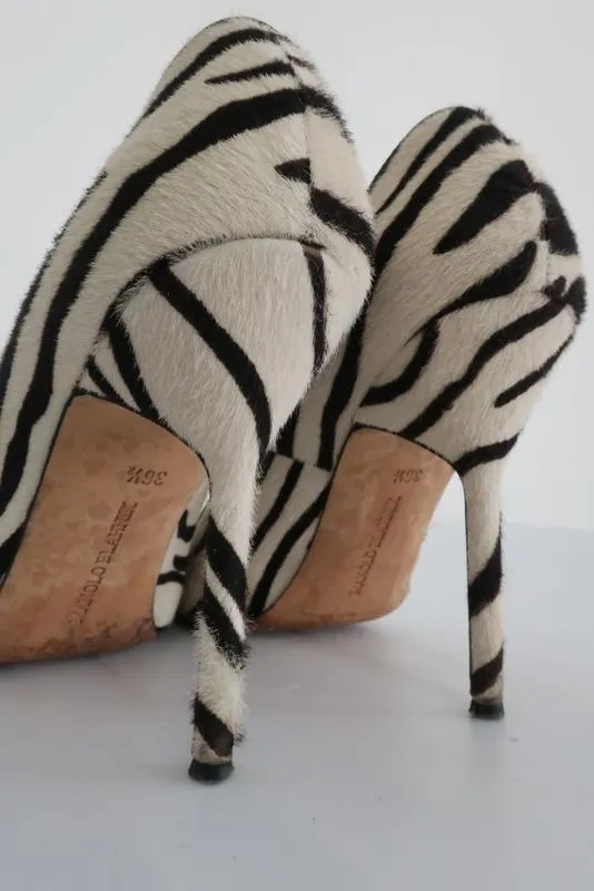 Manolo Blahnik BB Zebra Print Pony Hair Pumps Ivory Size 36.5 Pointed Toe Heel