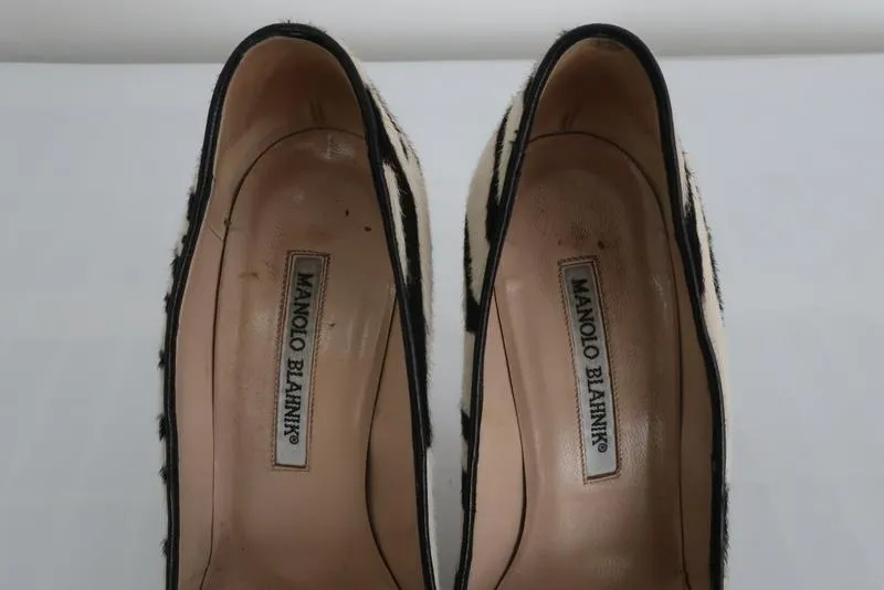 Manolo Blahnik BB Zebra Print Pony Hair Pumps Ivory Size 36.5 Pointed Toe Heel